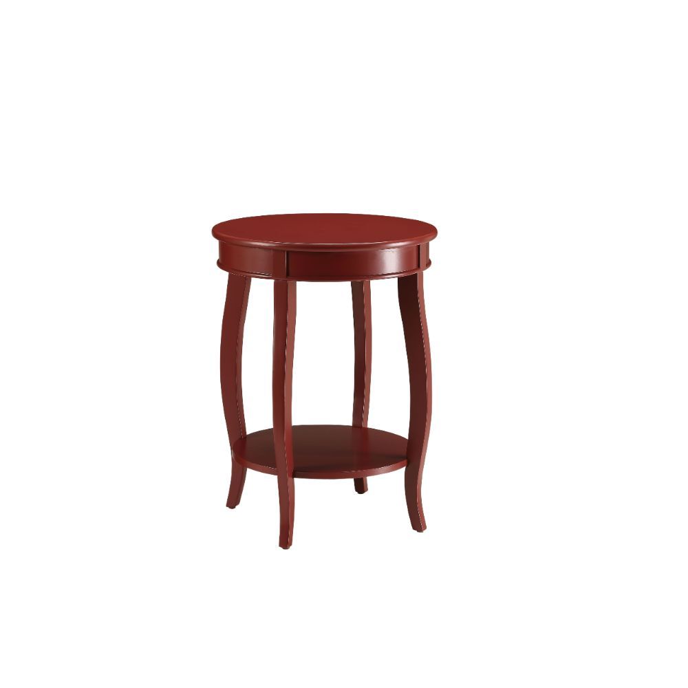 ACME This Alberta side table will be your favorite accent piece with its round top form and stylized legs. Offered in four different colors: Antique White, walnut, red, and teal. One is sure to fit perfect with your style. | Meri Furniture