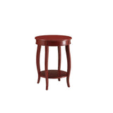 This Alberta side table will be your favorite accent piece with its round top form and stylized legs. Offered in four different colors: Antique White, walnut, red, and teal. One is sure to fit perfect with your style.