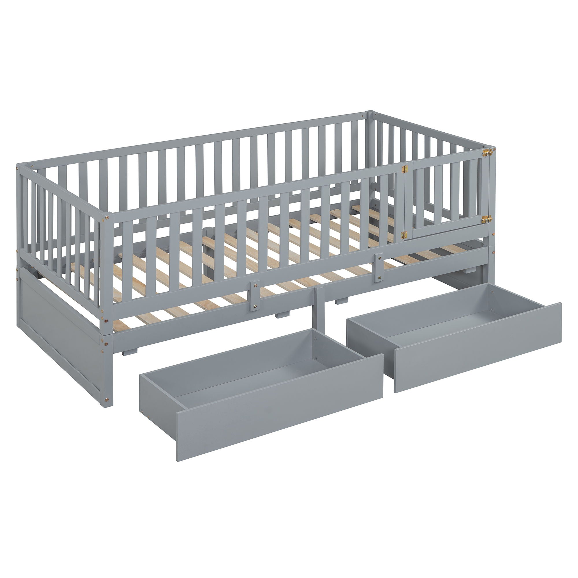 Daybed With Fence Guardrails And 2 Drawers, Split Into Independent Floor Bed & Daybed