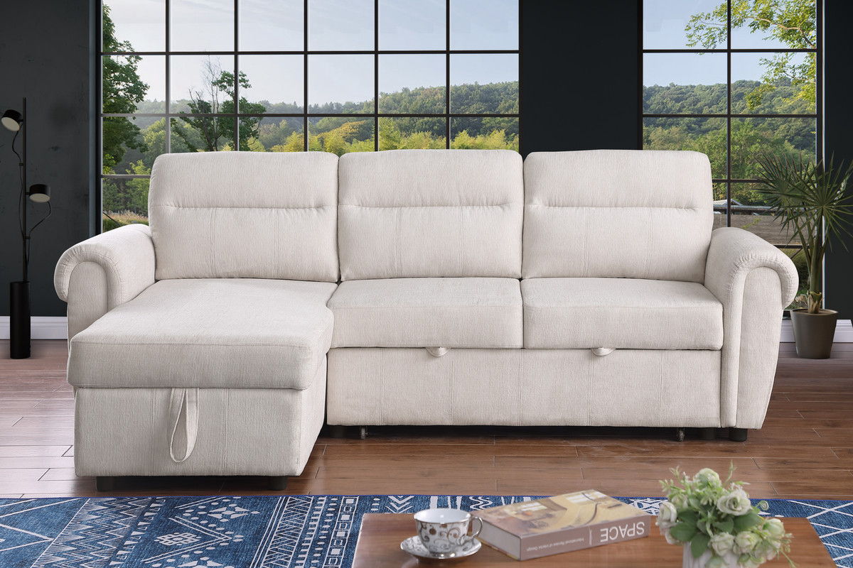 Hugo 97"W Beige Chenille Reversible Sleeper Sectional Sofa Chaise with USB Charger, Phone/Magazine Pockets