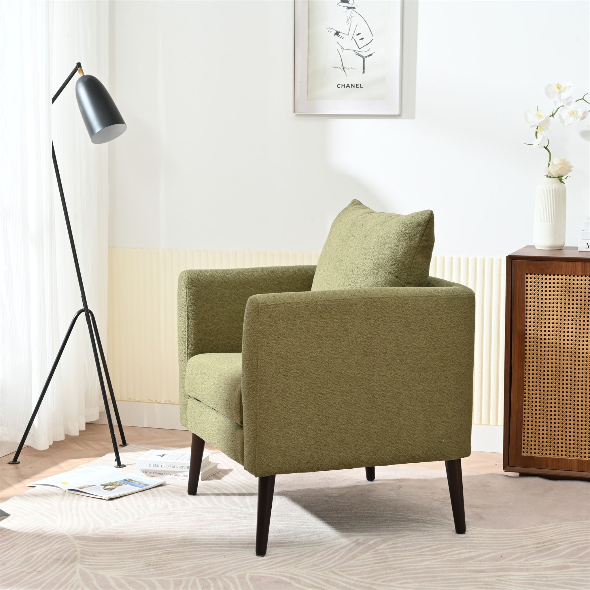 Barrel Chair, Modern Accent Chair, Fabric Armchair Club Chair, Upholstered Arm Chair With Solid Wood Legs, Waist Pillow, Padded Single Chair For Living Room / Bedroom / Study / Waiting Room - Olive Green
