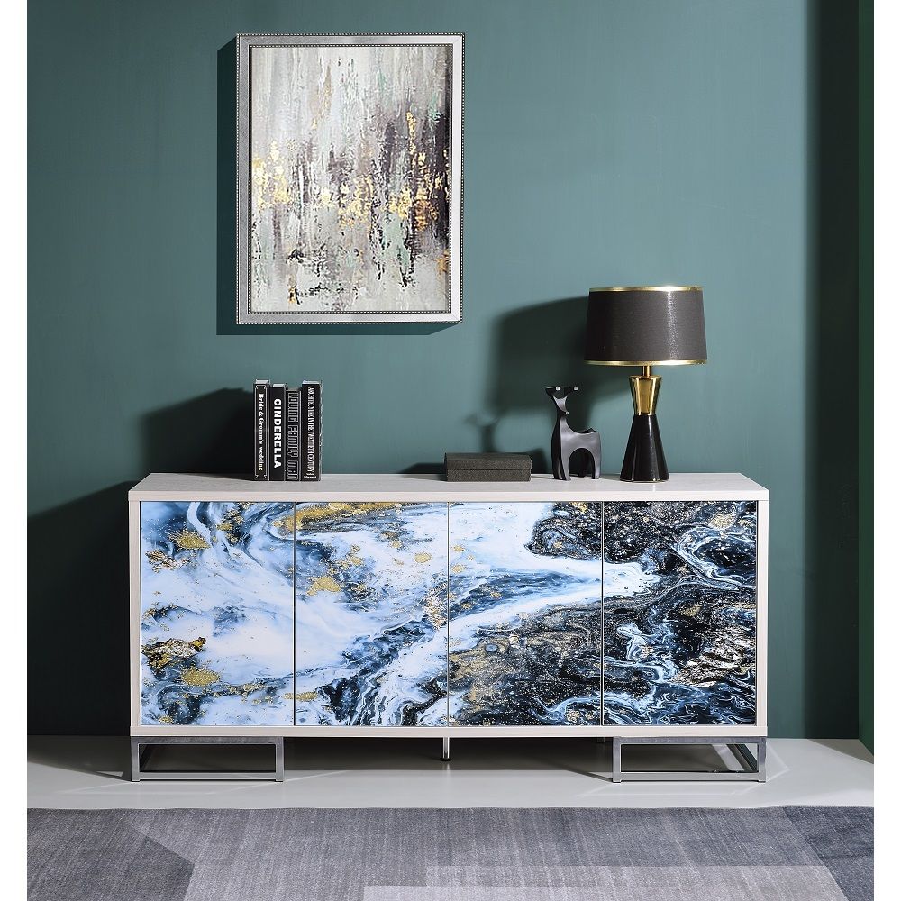 ACME Liam - Console Cabinet - Blue Marble Print & Chrome | Meri Furniture
