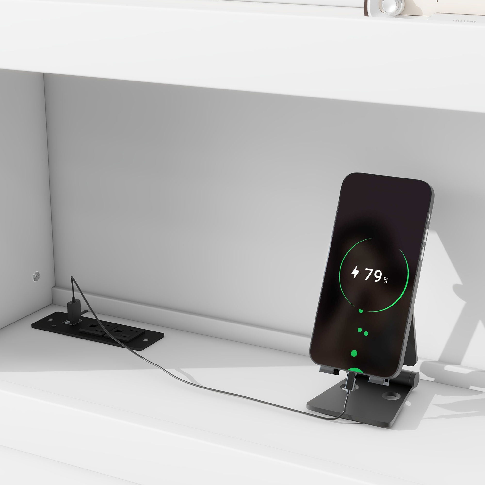 Full Size Platform Bed With Trundle, Drawers, USB Ports And Built In Shelves - White