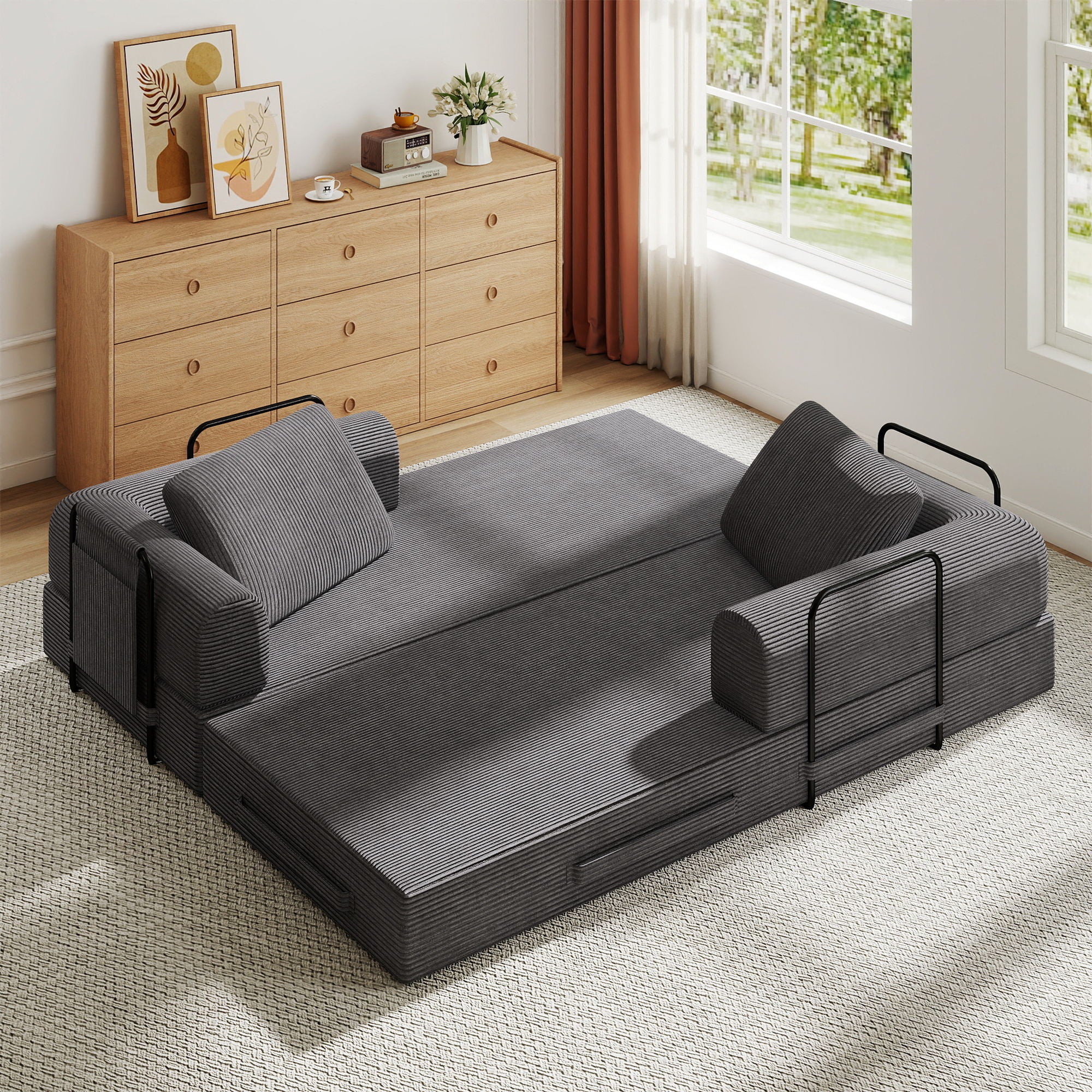 Convertible Sleeper Sofa Bed With Cylindrical Pillow, Fixed Shape Frame