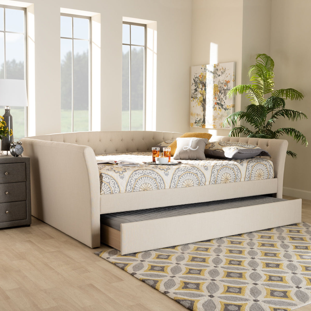 Delora Modern and Contemporary Beige Fabric Upholstered Queen Size Daybed with Roll-Out Trundle Bed