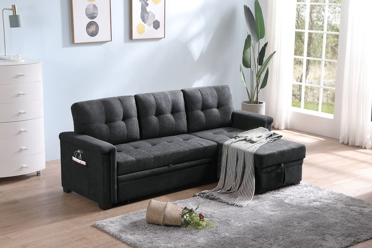 Ashlyn 84"W Dark Gray Woven Fabric Sleeper Sectional Sofa Chaise with USB Charger and Tablet Pocket