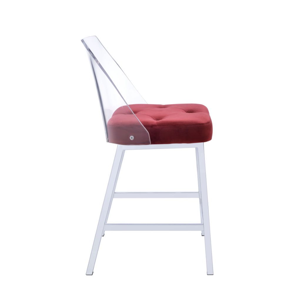 The Nadie II counter height side chairs feature comfortable button tufted seats, with clear Acrylic Bucket Style mid high backrest and tapered legs in a velvet finish.