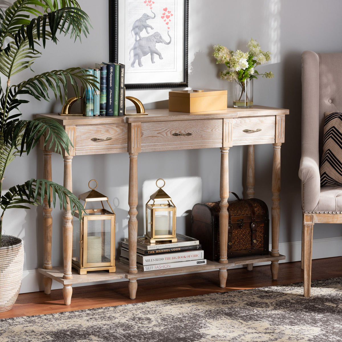 Hallan Classic and Traditional French Provincial Rustic Whitewashed Oak Brown Finished Wood 3-Drawer Console Table