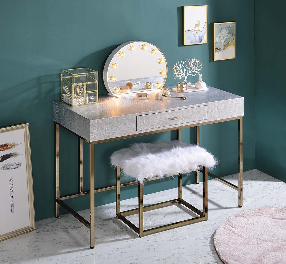 ACME Piety - Vanity Desk - Silver PU & Champagne Finish | Meri Furniture