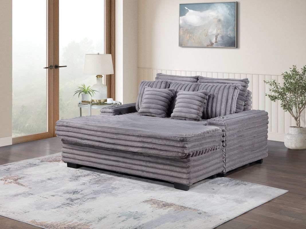 Symphony 67"W Gray Corduroy Oversized Sofa Chaise Lounge Chair with Cupholders and USB Charging Port