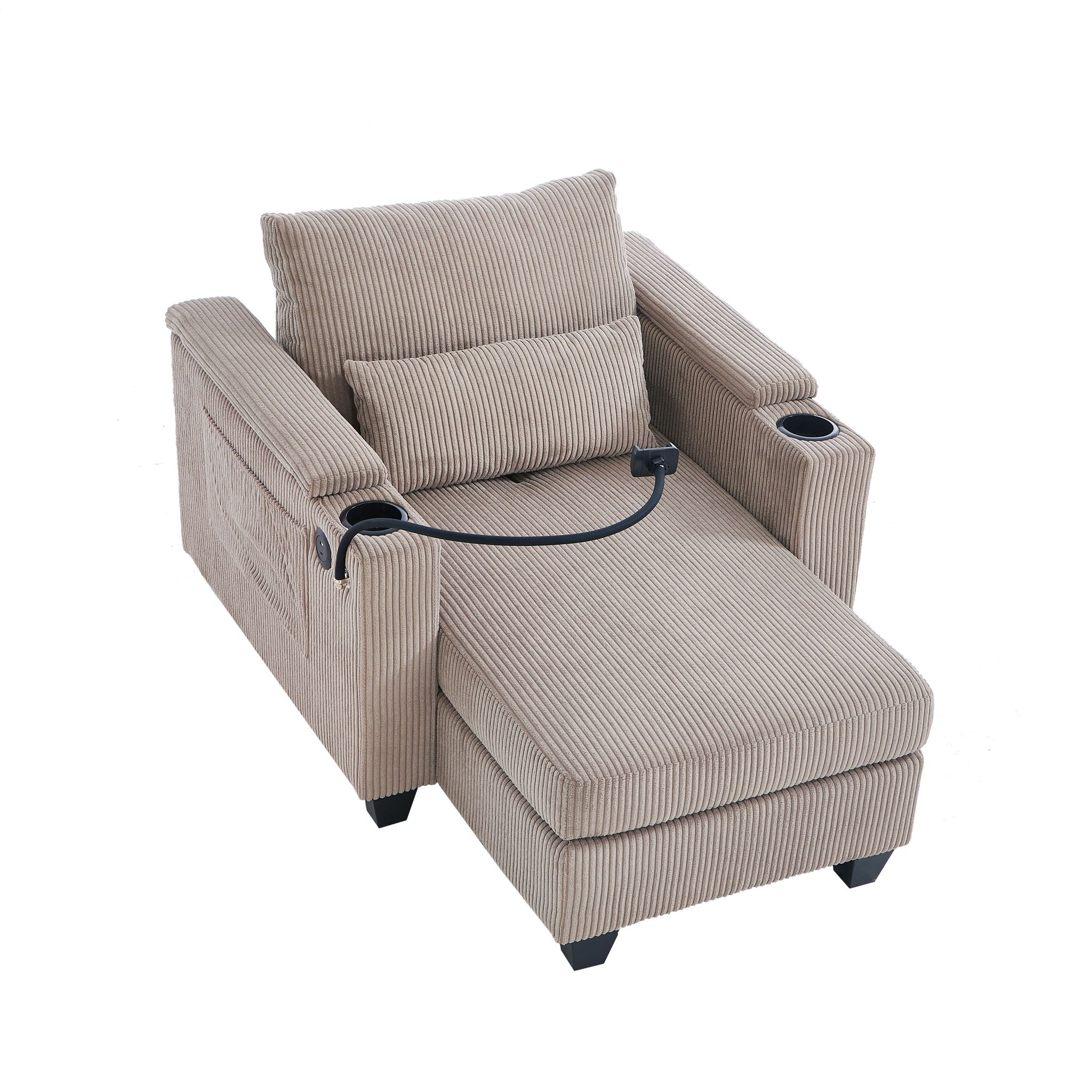 Convertible Chaise Lounge Sofa Chair With USB Ports, Cup Holders, Phone Holder And Storage