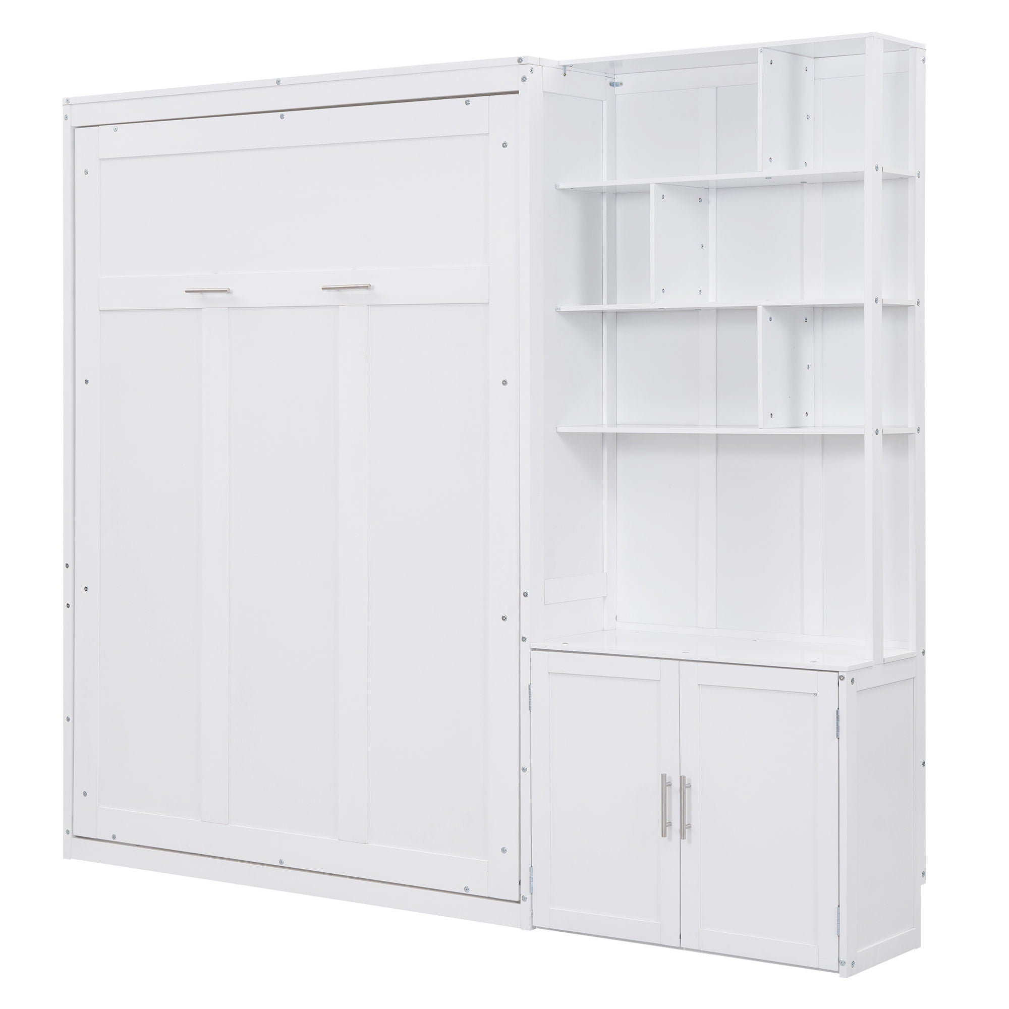 Full Size Murphy Bed With Multiple Storage Shelves And A Cabinet - White