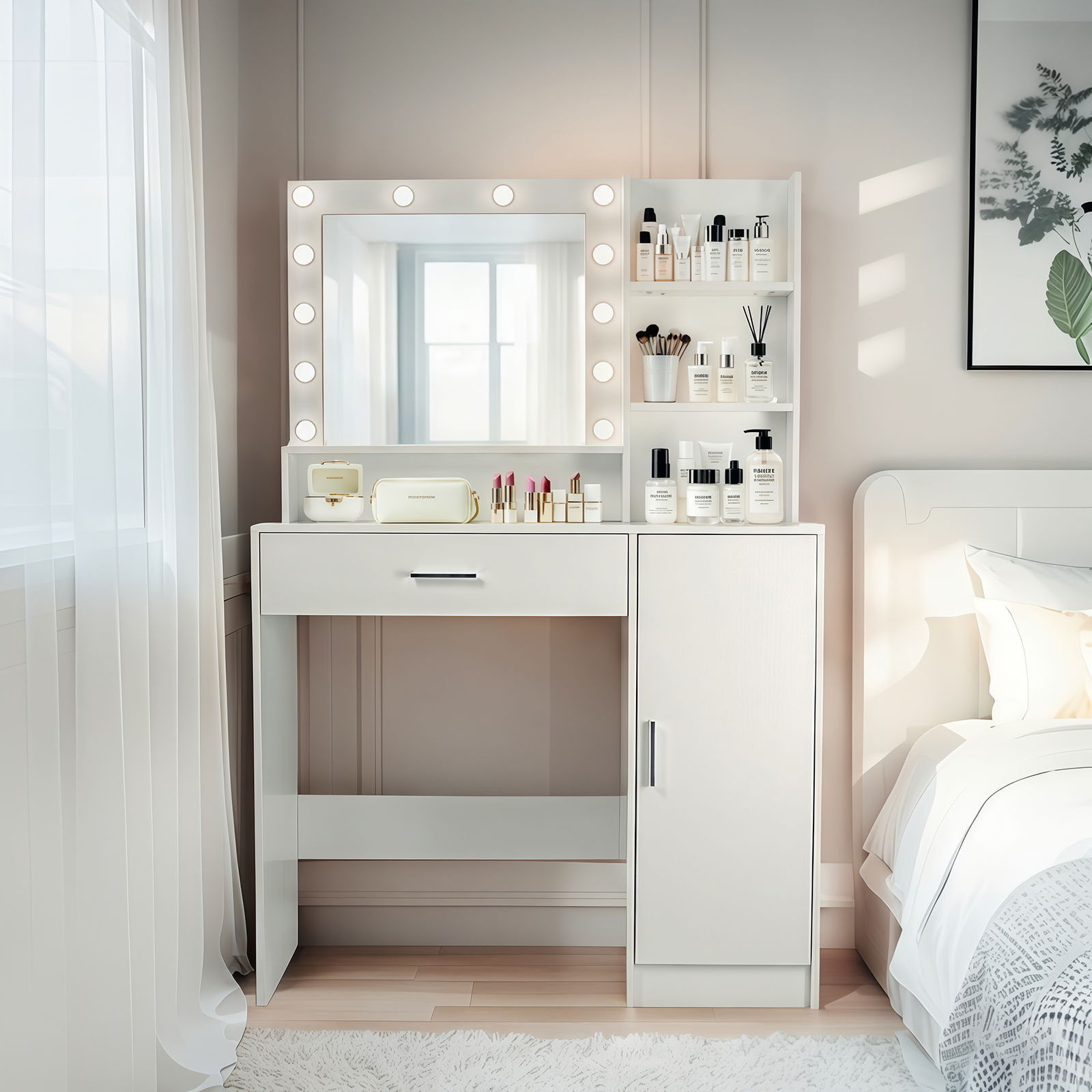 Vanity Desk With Mirror And Adjustable LED Lights, 3 Lighting Modes, Drawer And Storage Cabinet - White