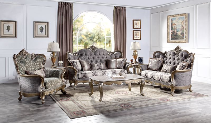 ACME Elozzol - Loveseat With 3 Pillows - Fabric & Antique Bronze Finish | Meri Furniture