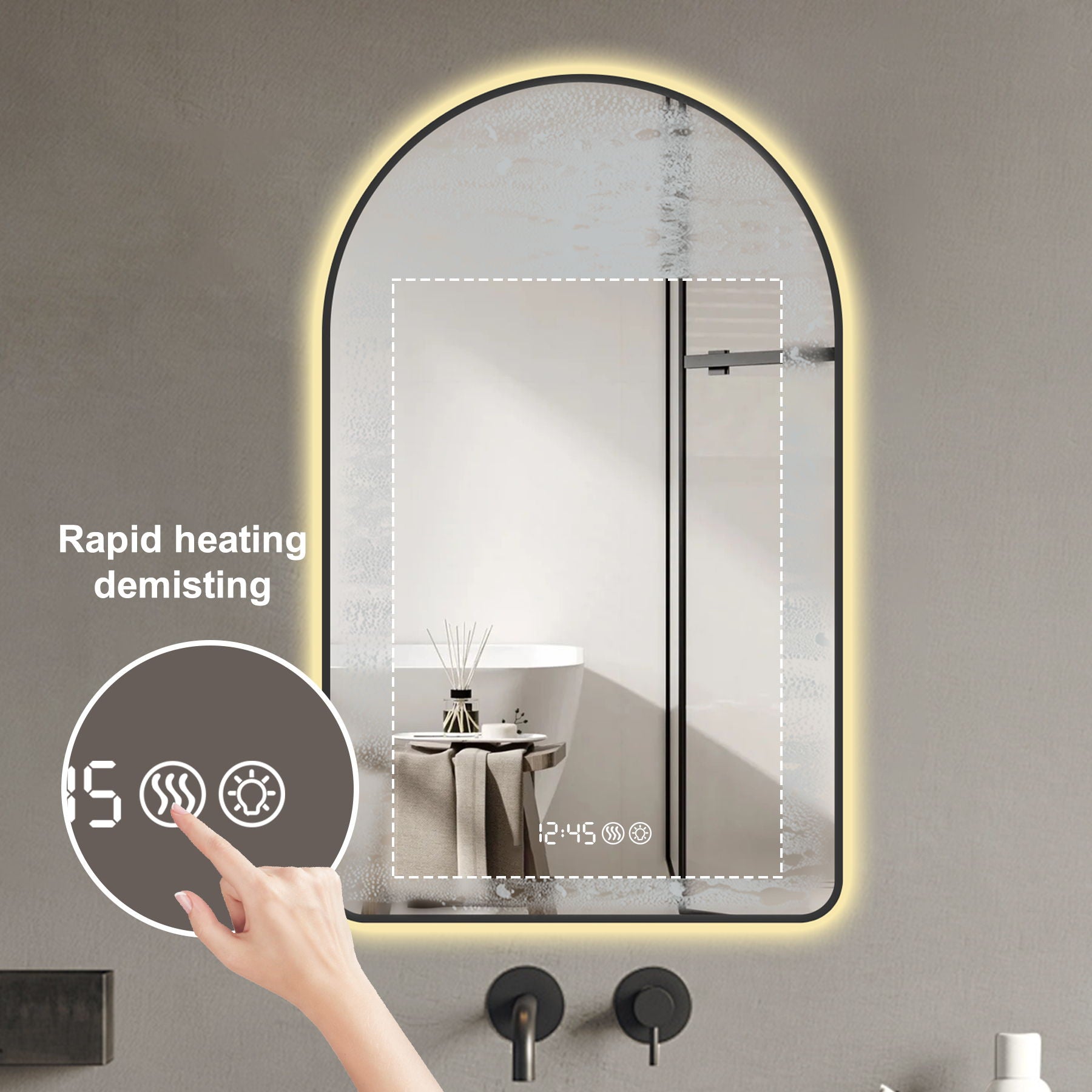 Modern Arched LED Bathroom Mirror With Time And Temperature Display, Anti Fog, Dimmable Light - Black