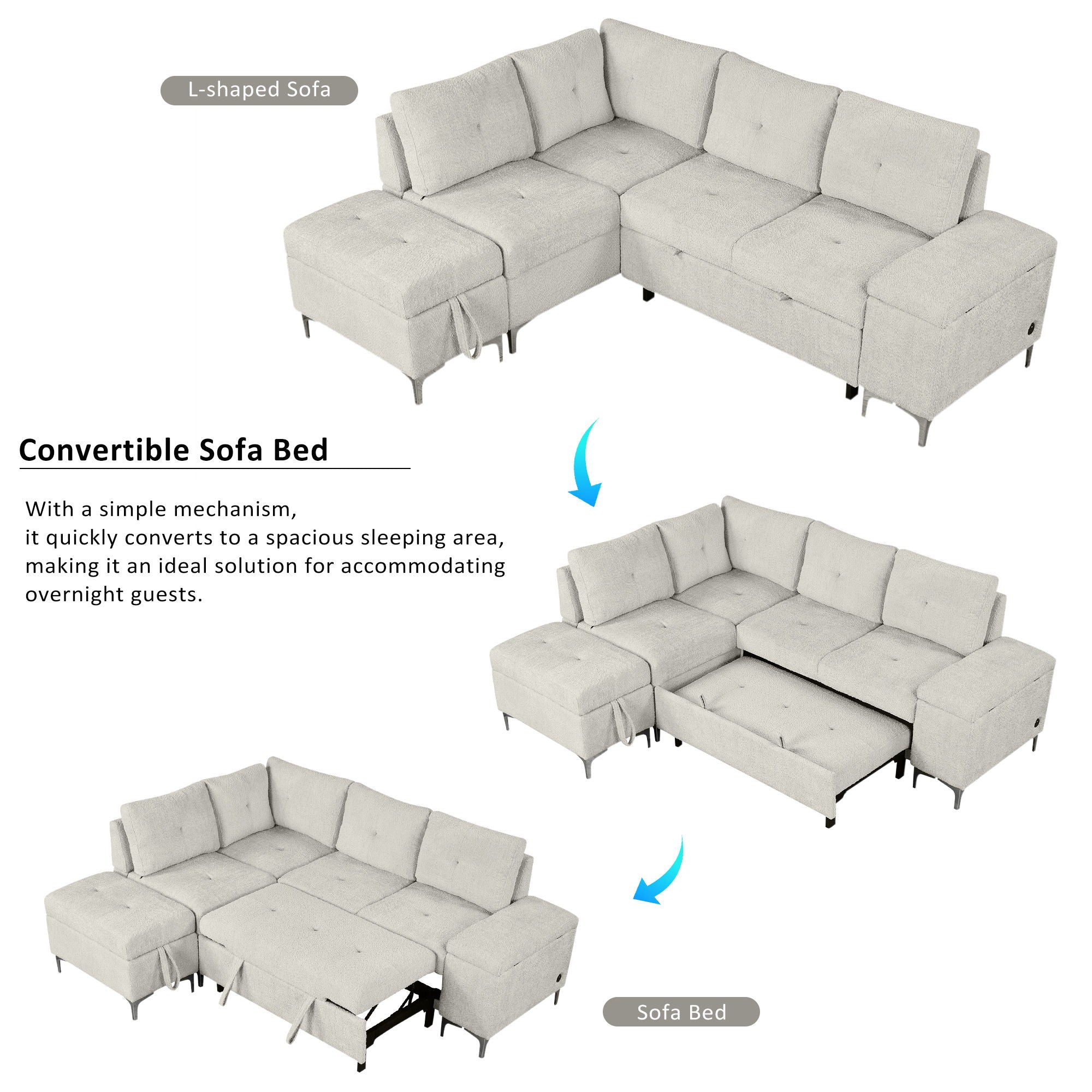 Versatile L Shaped Sofa Bed With Storage, Cup Holders, USB Ports Chenille