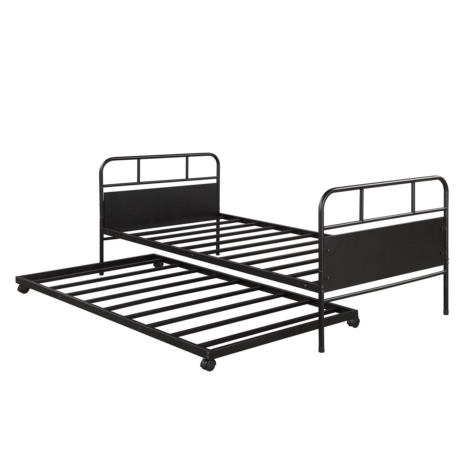 Twin Size Daybed Platform Bed Frame With Trundle Built In Casters - Black