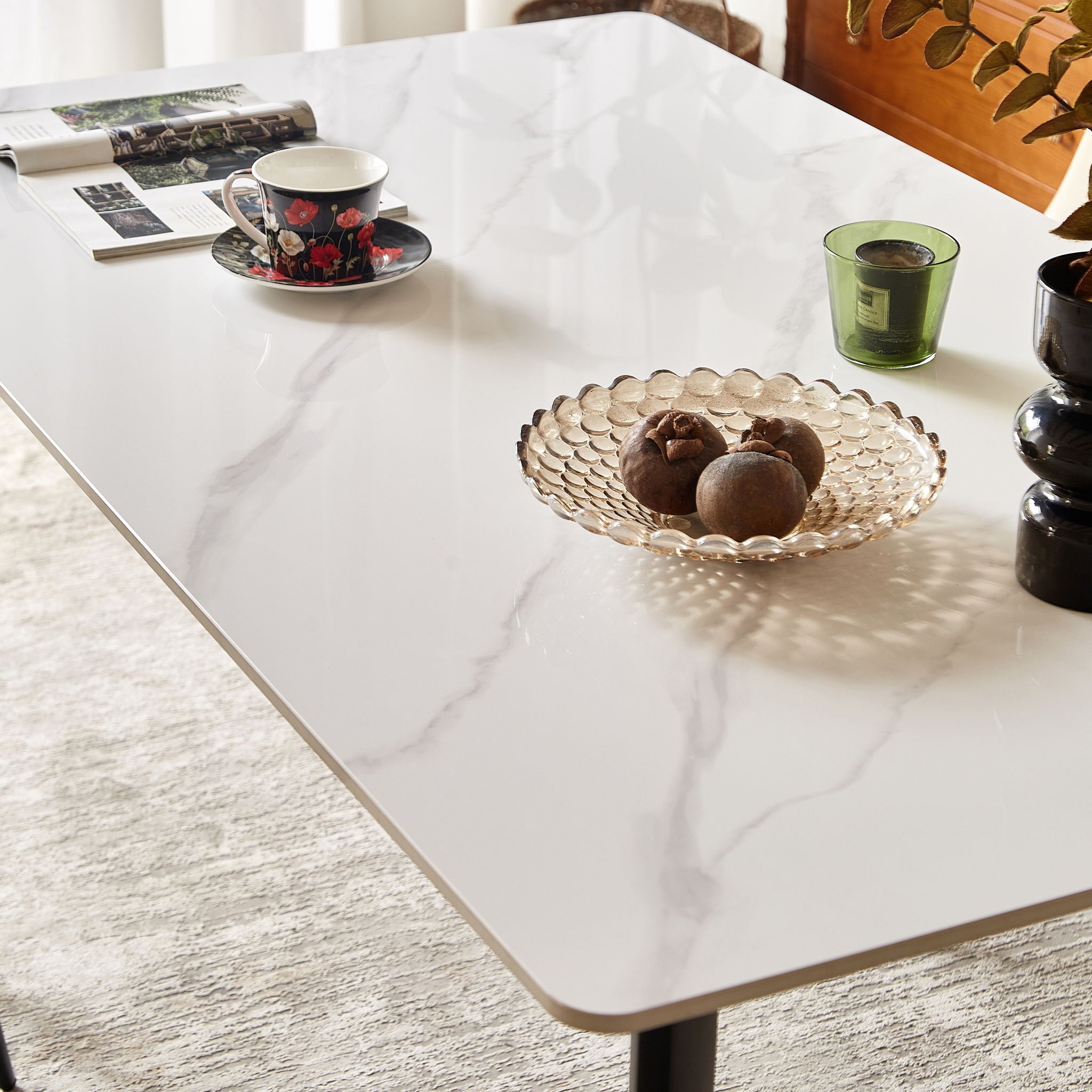 Mid Century Modern Dining Table Round White Sintered Stone Top Heavy Duty Metal Legs Waterproof Surface For Kitchen Dining Room Or Office Furniture - White / Black