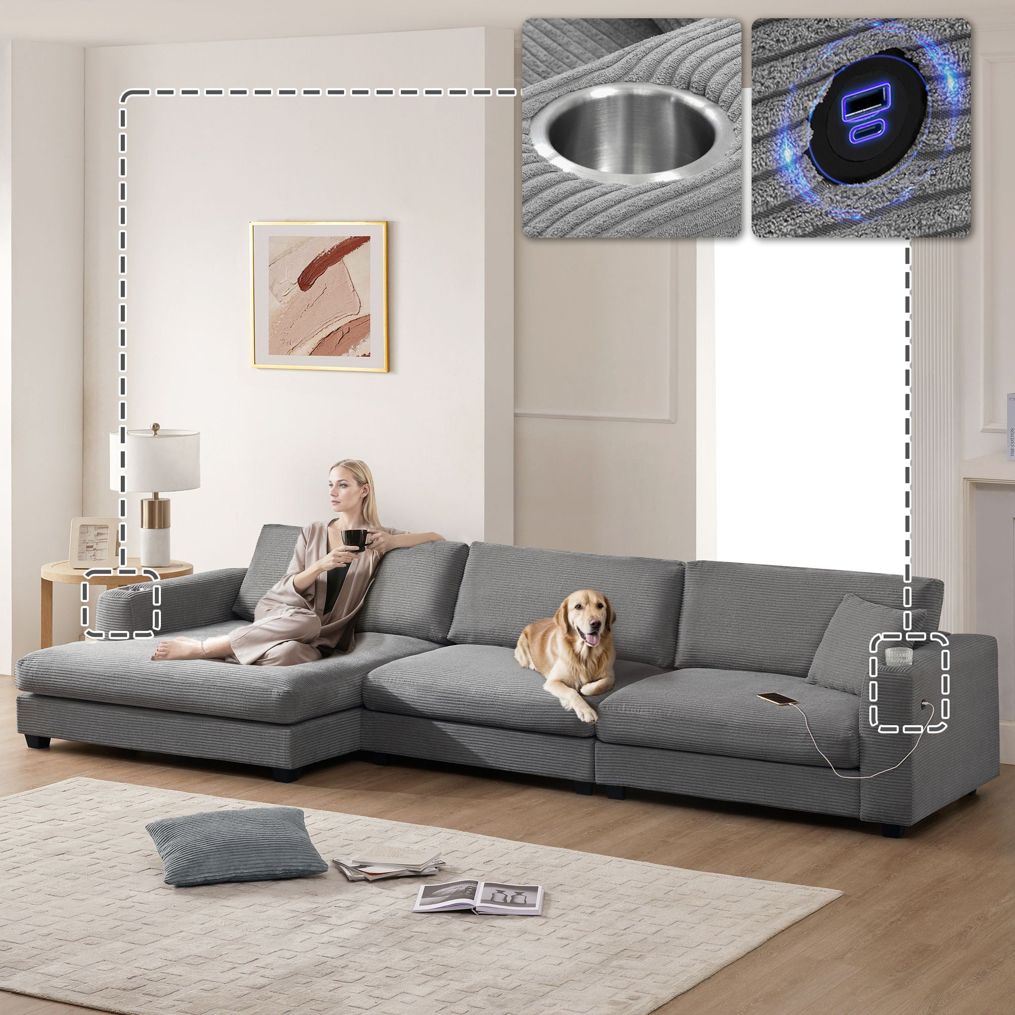 Oversized Sectional L Shaped Cloud Couch With USB Charging Port Cup Holder Deep And Wide Seat Sofa With Chaise Comfy