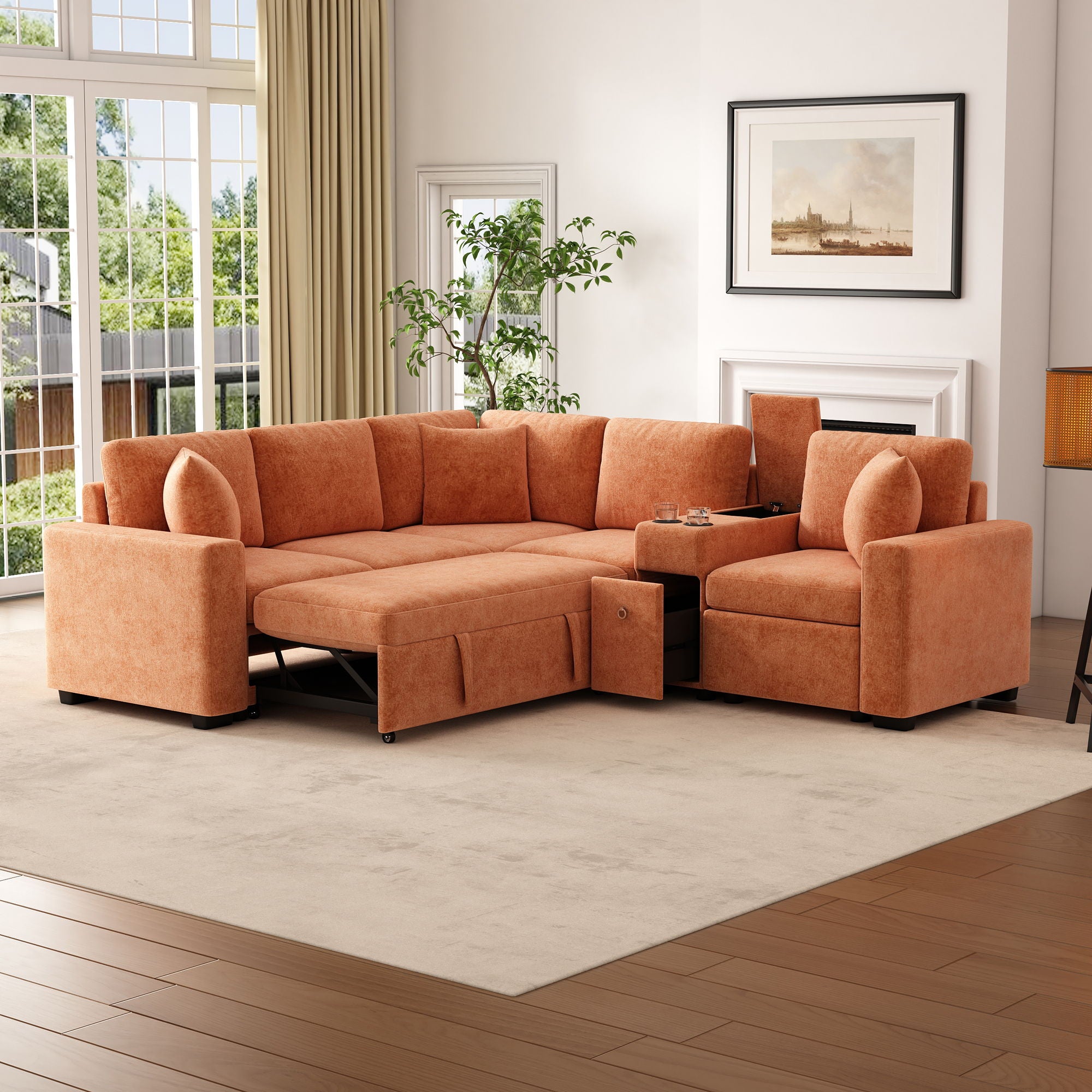 Contemporary L Shaped Convertible Sofa Bed With Pull Out Bed, Cup Holders, And Storage