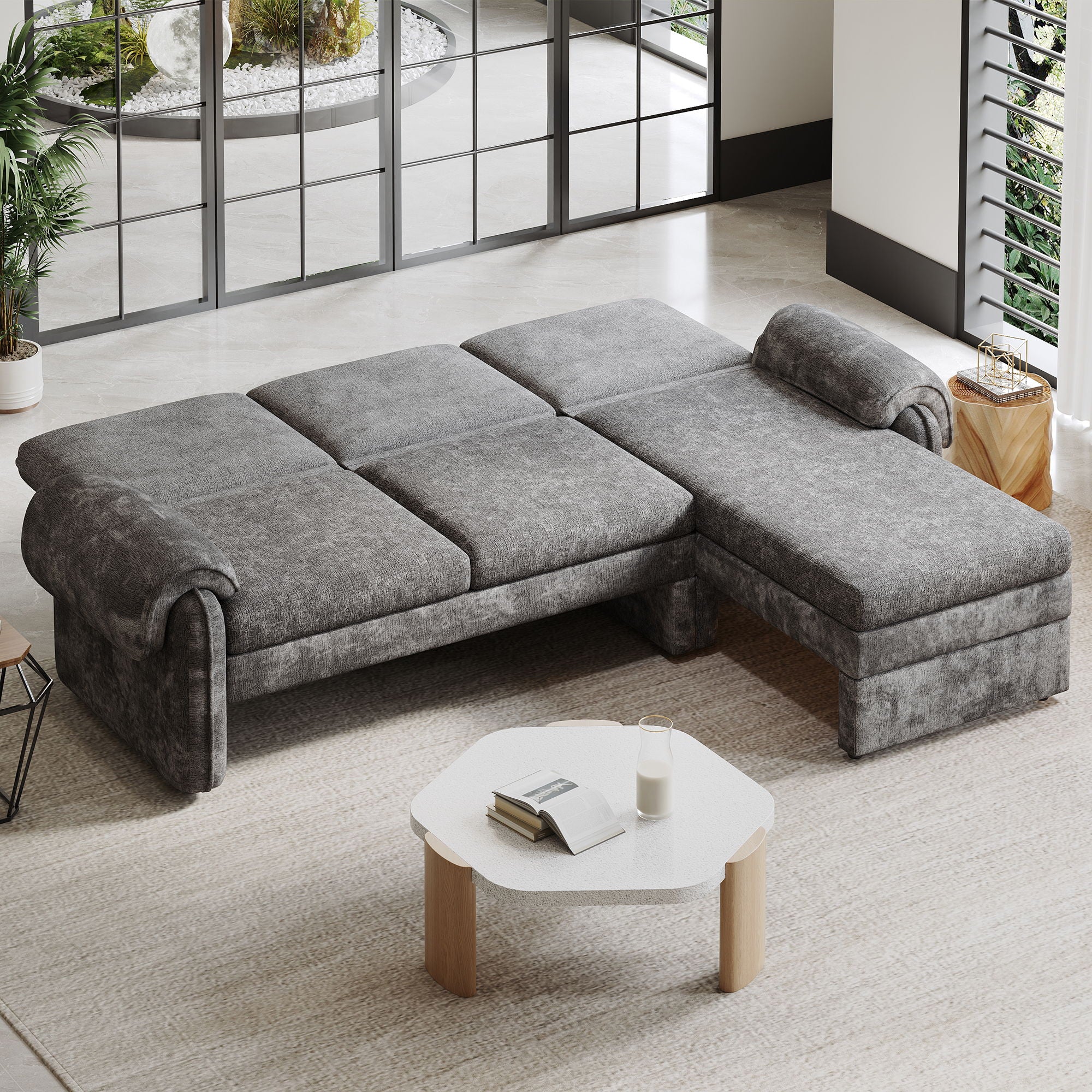 Convertible Futon Sofa Bed With Adjustable Backrest, Reversible Chaise Lounge And 2 Removable Armrest Pillows