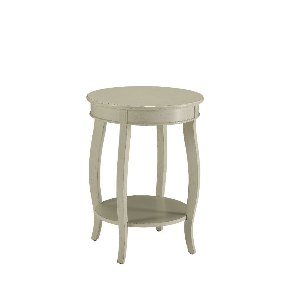 ACME This Alberta side table will be your favorite accent piece with its round top form and stylized legs. Offered in four different colors: Antique White, walnut, red, and teal. One is sure to fit perfect with your style. | Meri Furniture