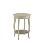 ACME This Alberta side table will be your favorite accent piece with its round top form and stylized legs. Offered in four different colors: Antique White, walnut, red, and teal. One is sure to fit perfect with your style. | Meri Furniture