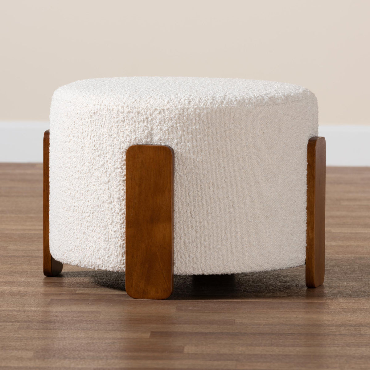Finlay Modern Japandi Cream Boucle Fabric and Walnut Brown Finished Wood Ottoman Footstool