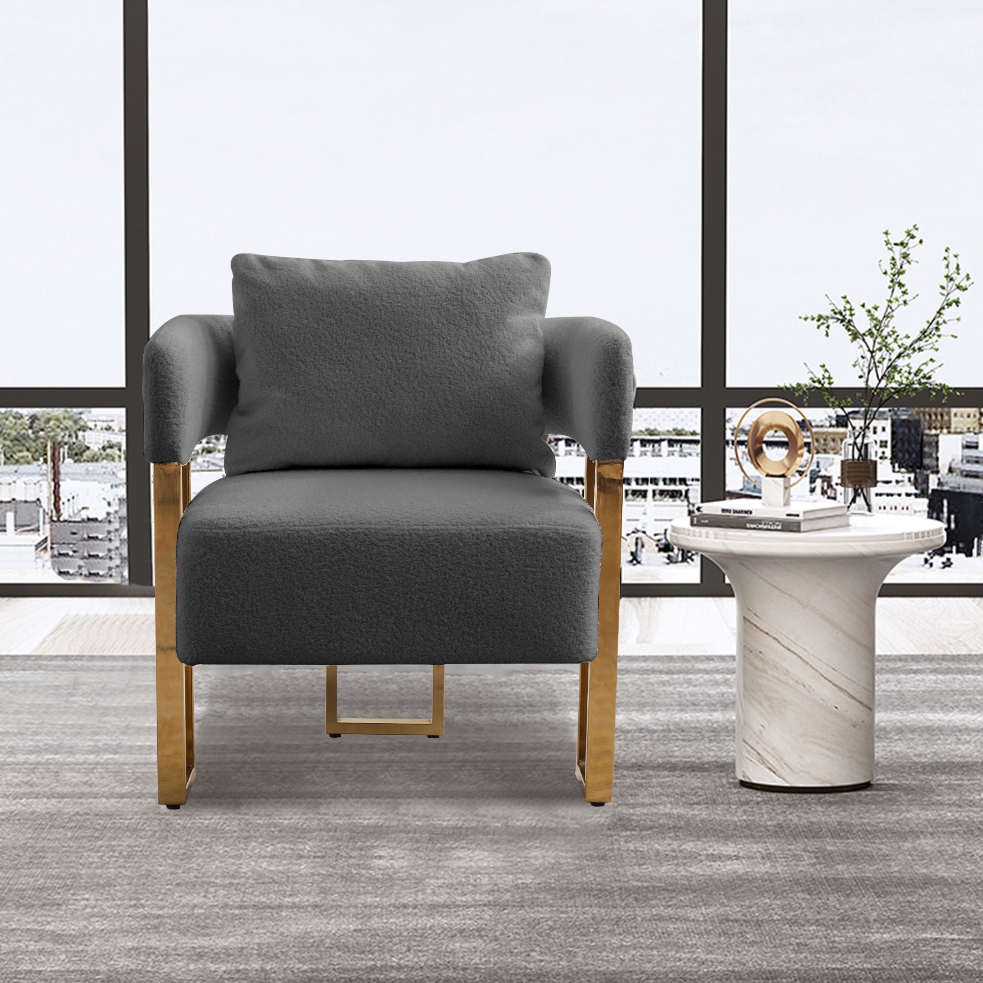 Modern Decorative Chair Teddy Fleece Upholstered And Metal Foot