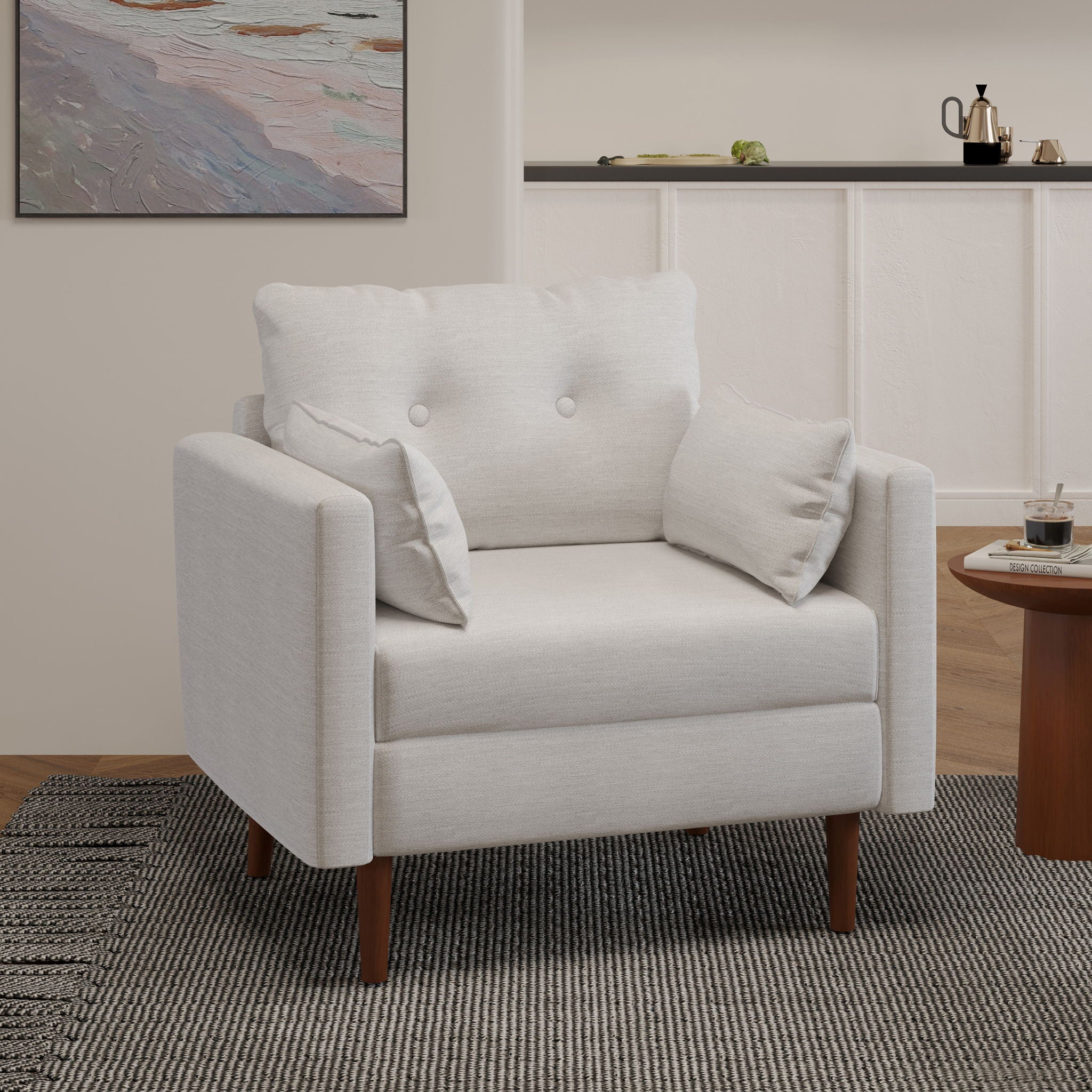 Contemporary Fabric Club Chair With Birch Wood Legs - Beige