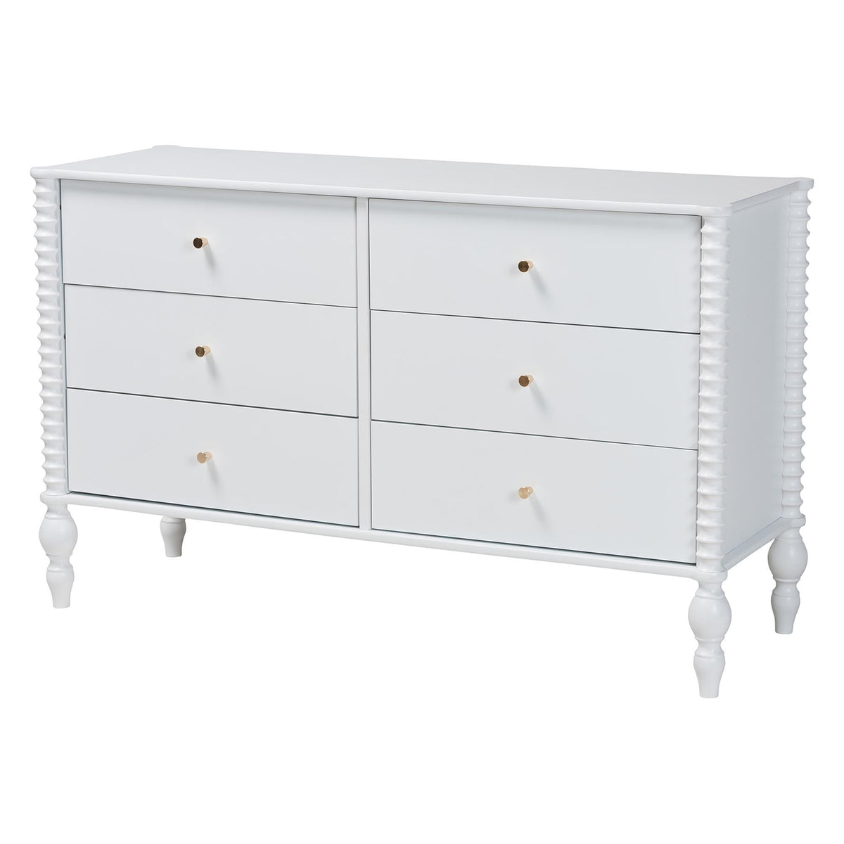 Denita Spindle 4-Piece Bedroom Set - Farmhouse Platform Bed with Matching Dresser, Chest, and 1-Drawer Nightstand, White, Queen