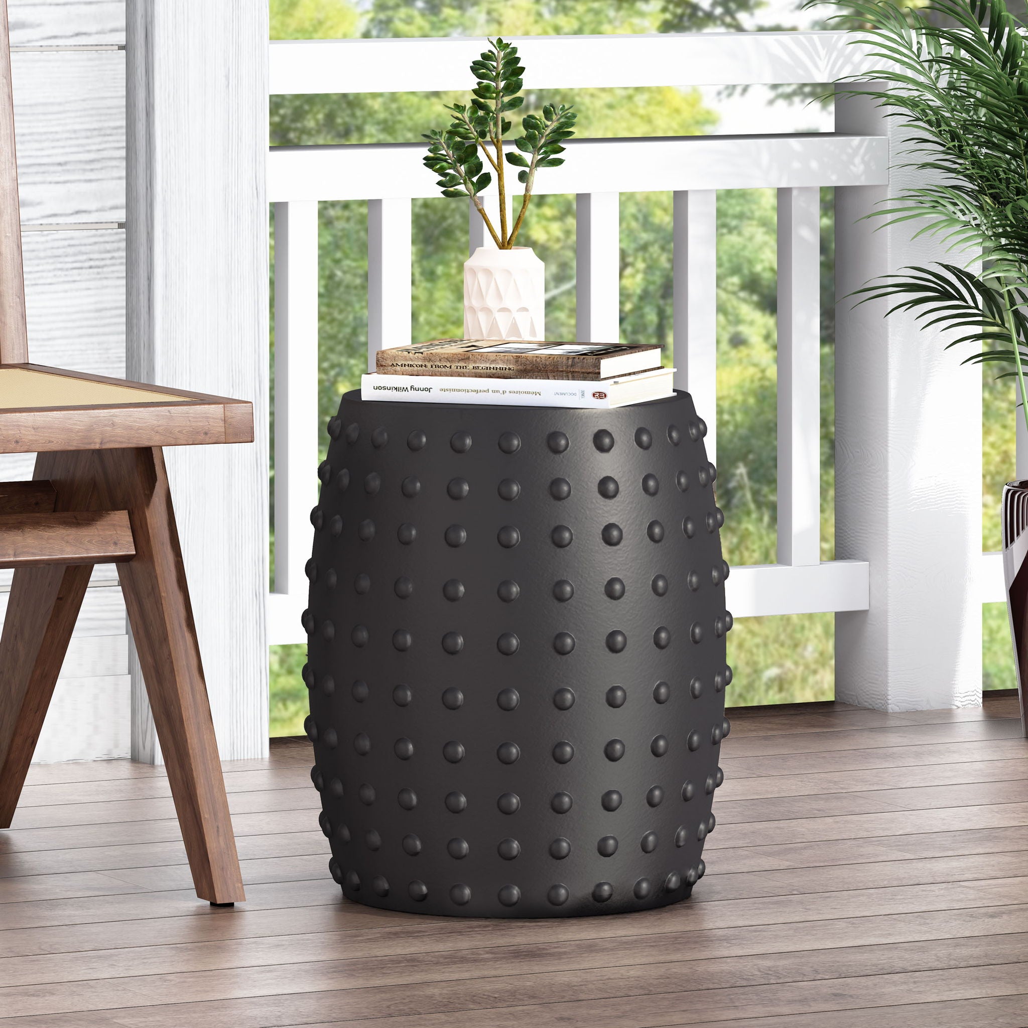 Outdoor End Table With Outstanding Studded Design - Matte Black