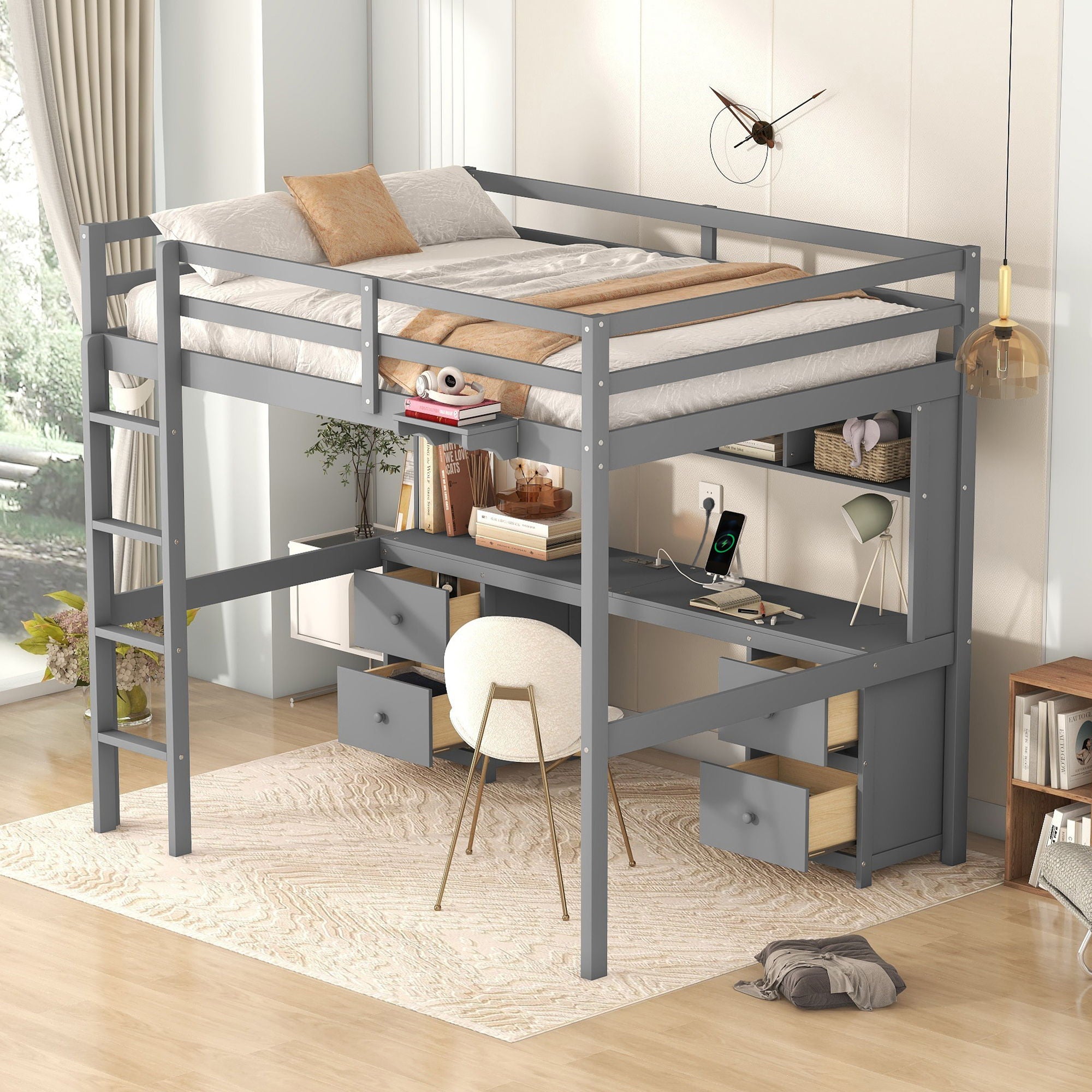 Loft Bed With Desk, Cabinets, Drawers, Charging Station And Bedside Tray