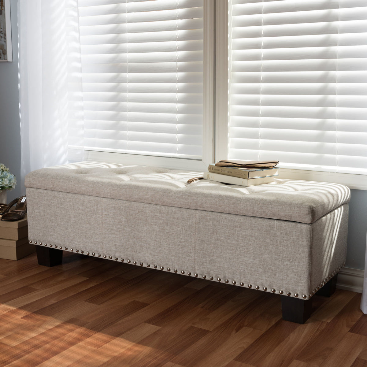 Hannah Modern and Contemporary Beige Fabric Upholstered Button-Tufting Storage Ottoman Bench