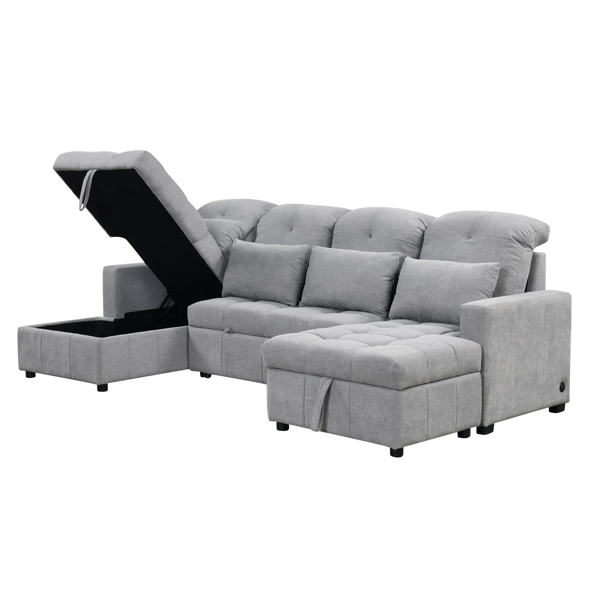 Oversized U-Shaped Versatile Sectional, Pull-Out Sofa Bed With Double Storage Chaise Lounges And 2 USB Ports For Living Room