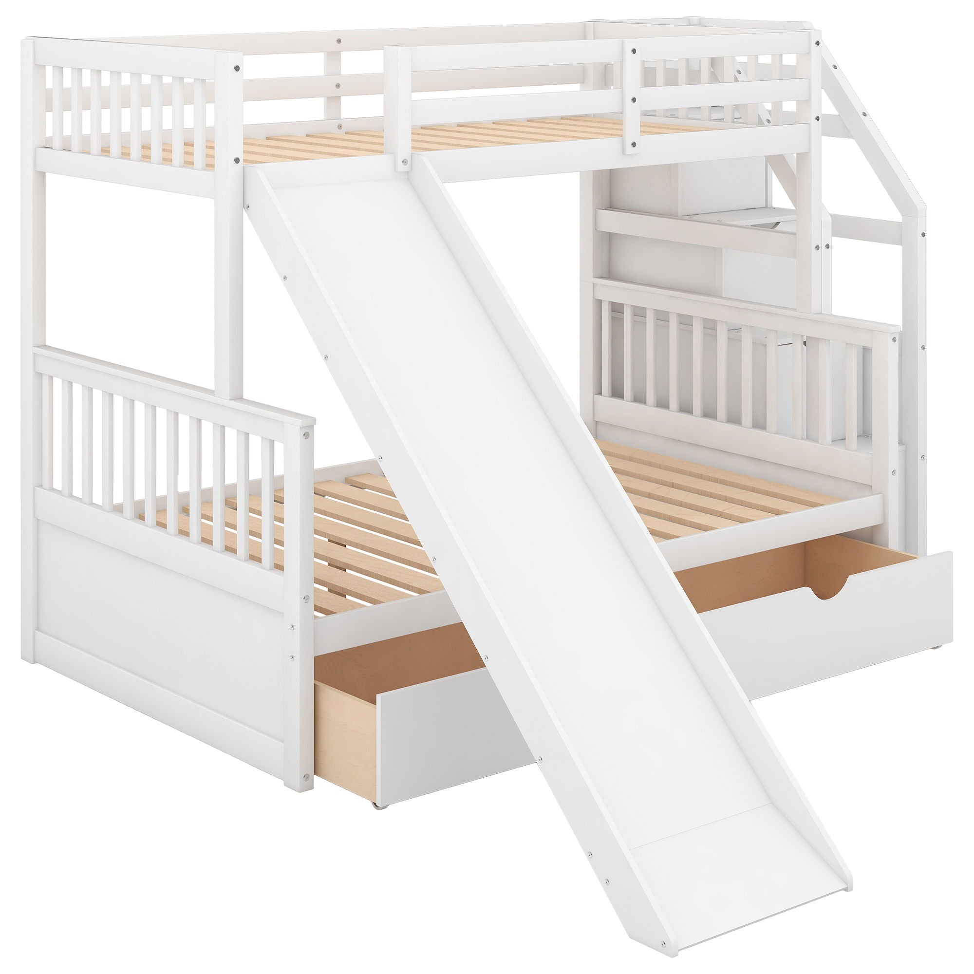 Bunk Bed With Storage Staircase, Slide, Desk, Drawers, And Shelves