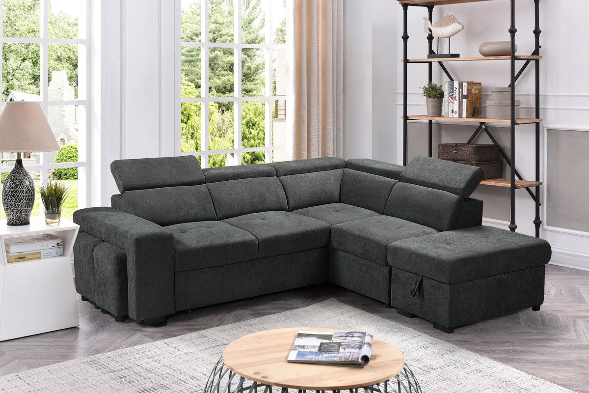 Henrik 97"W Dark Gray Sleeper Sectional Sofa with Storage Ottoman and 2 Stools