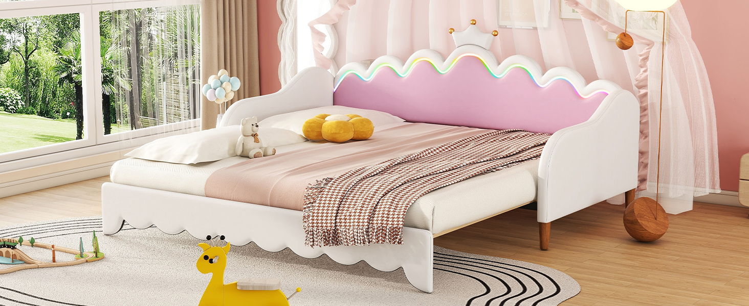 Extending Daybed With LED Lights, Modern Upholstered Princess Daybed With Crown Headboard