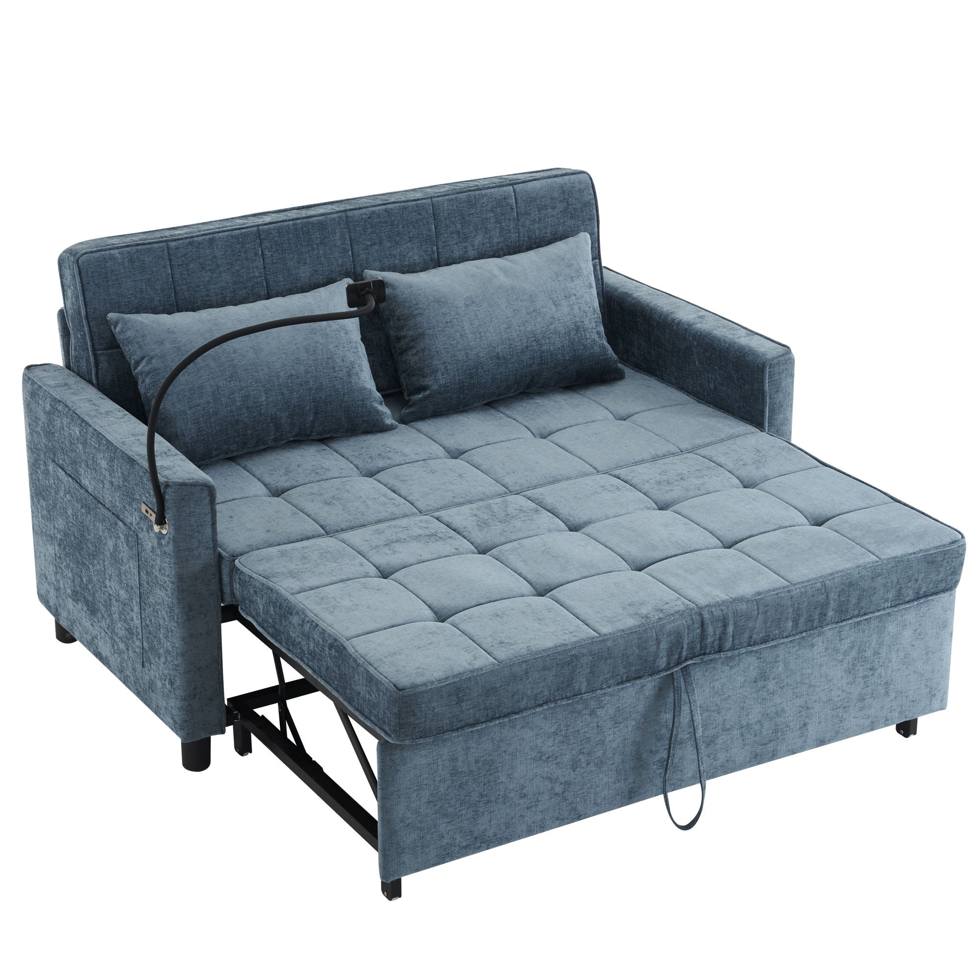Pull-Out Sleeper Sofa With Reversible Backrest Cushion, Side Pockets, 2 USB Ports And A Phone Holder For Living Room