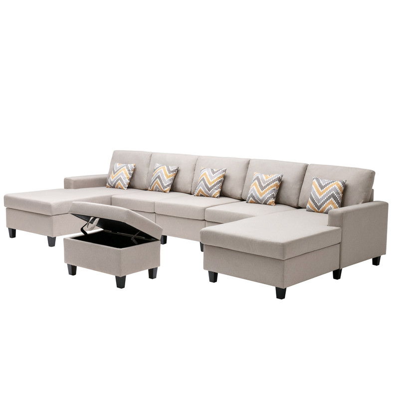 Nolan 152"W Beige Linen Fabric 6Pc Double Chaise Sectional Sofa with Interchangeable Legs, Storage Ottoman, and Pillows