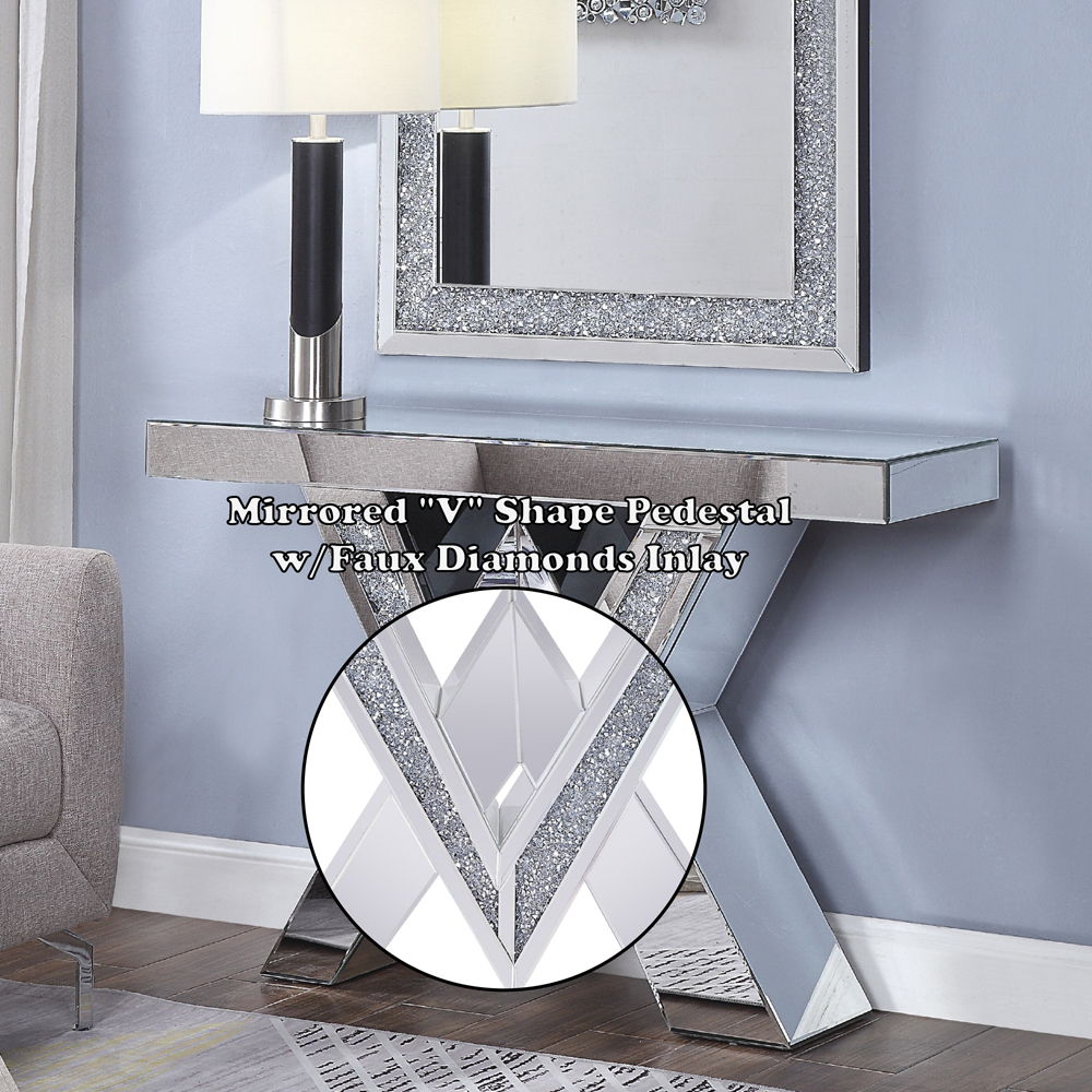 Noralie - Console Table, "V" Shape Pedestal - Mirrored & Faux Diamonds