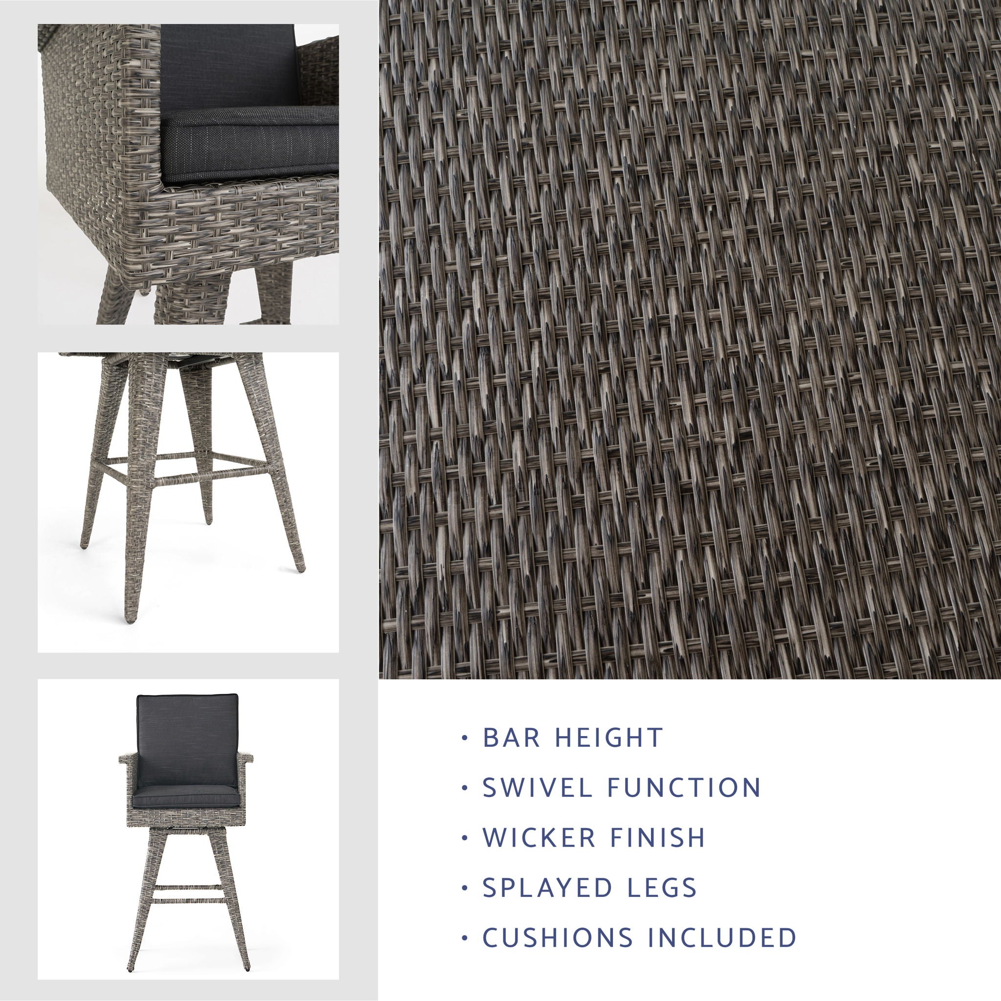 Outdoor Rattan Swivel Barstool With Water Resistant Cushion - Mixed Black / Dark Gray