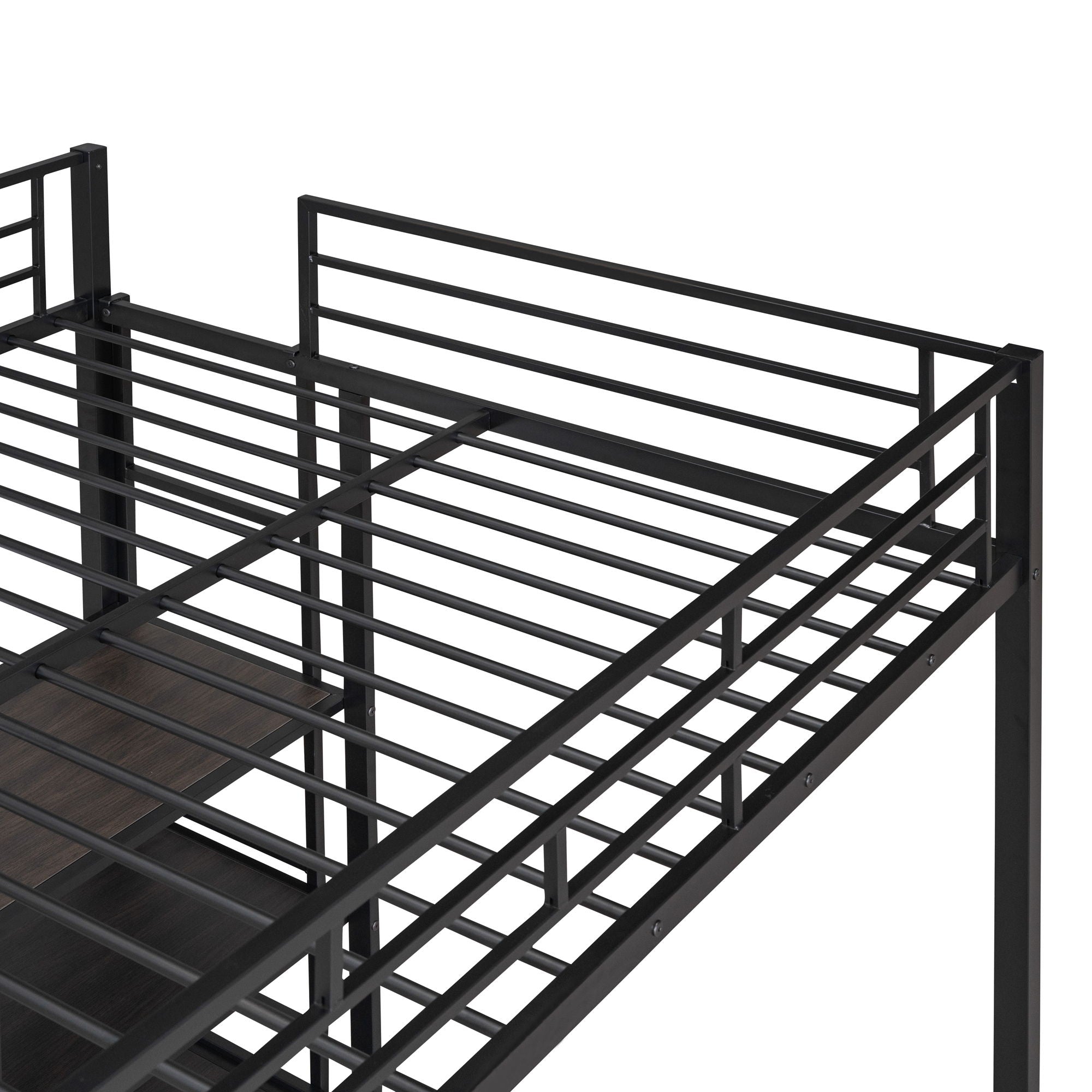 Metal Loft Bed With Desk, 3 Shelves And Ladder