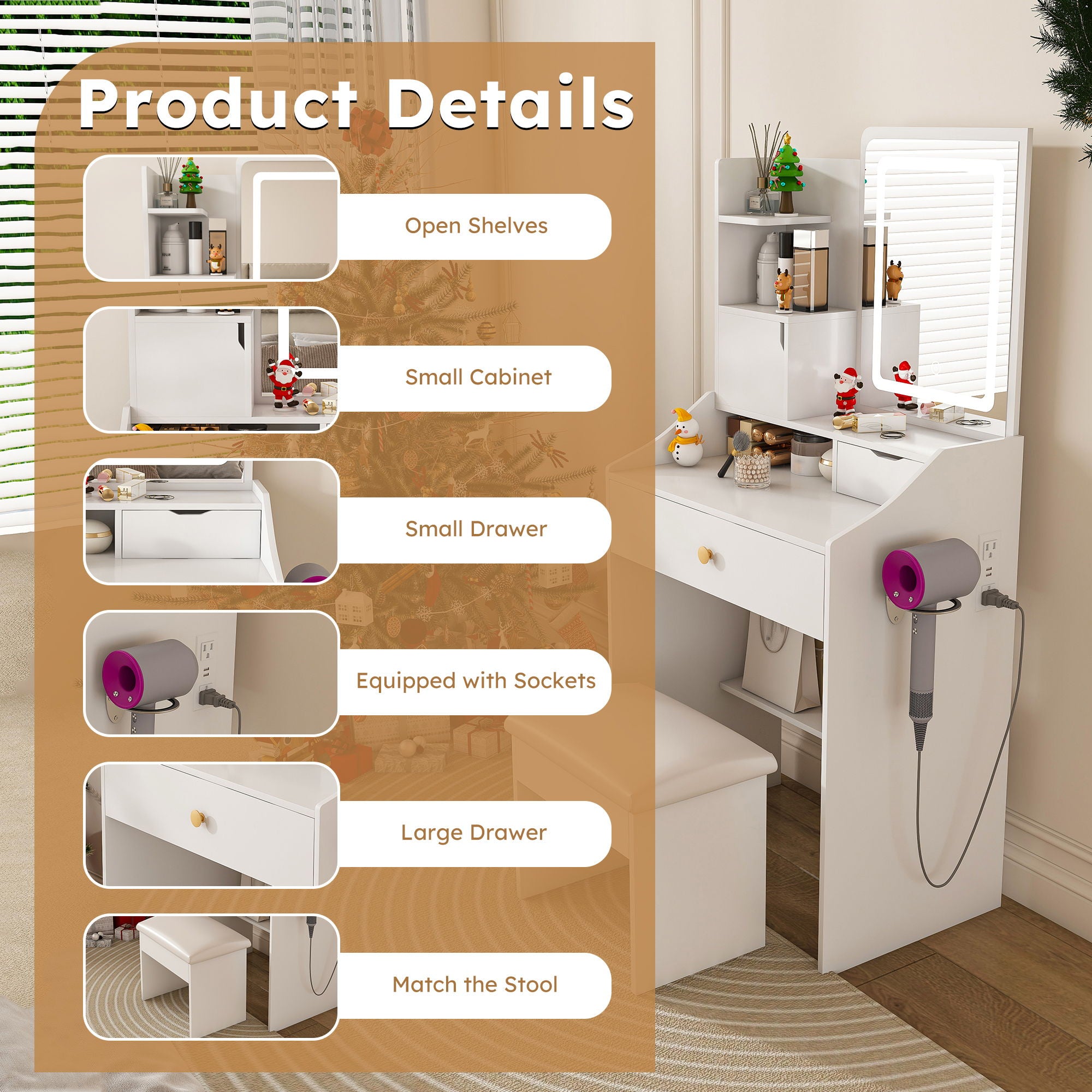 3 Color LED Vanity Mirror With Stool, 2 Drawers & 5 Storage Cabinets, Adjustable Lighting - White