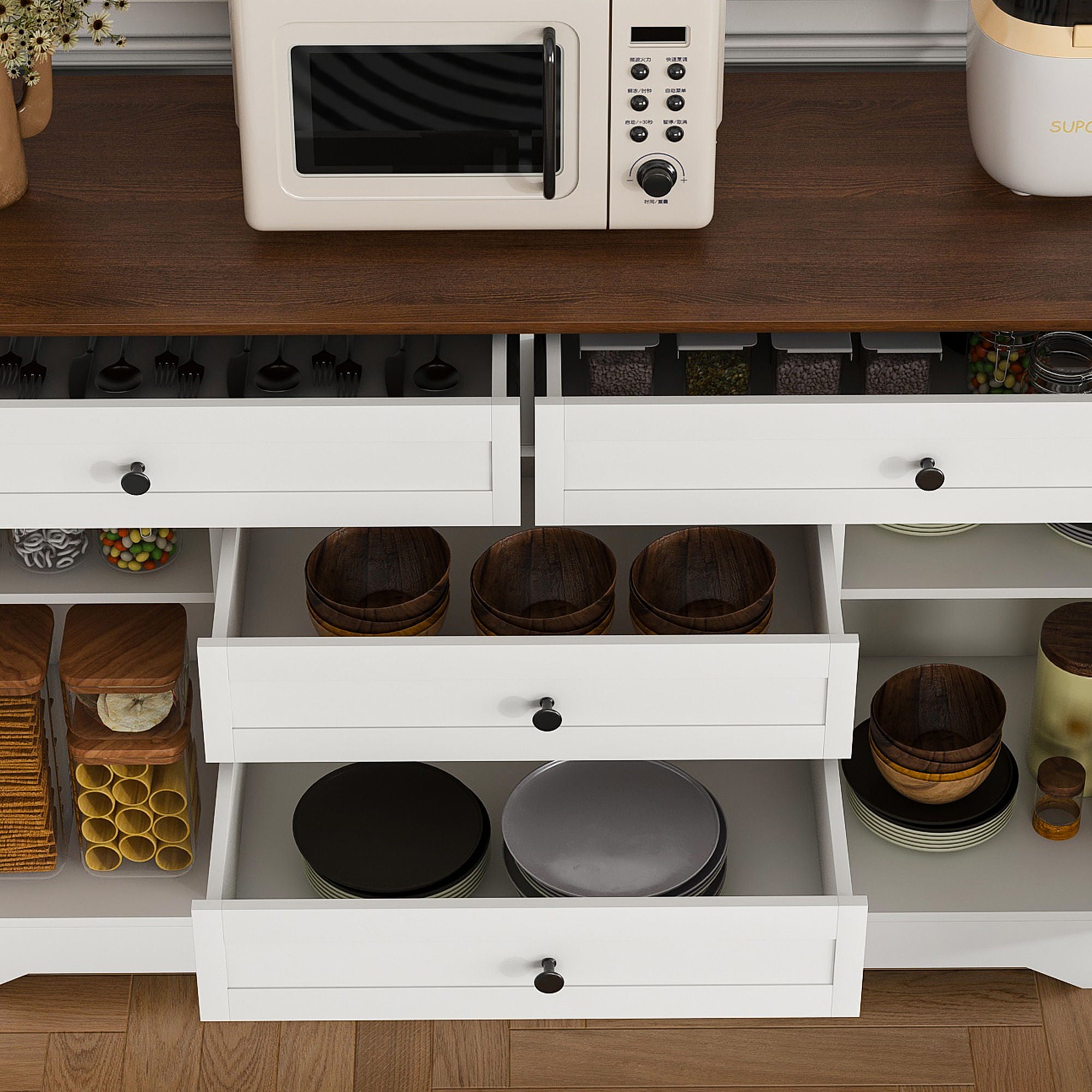 Rustic Farmhouse Kitchen Island With Storage Cabinet, Wood Top Breakfast Bar - White