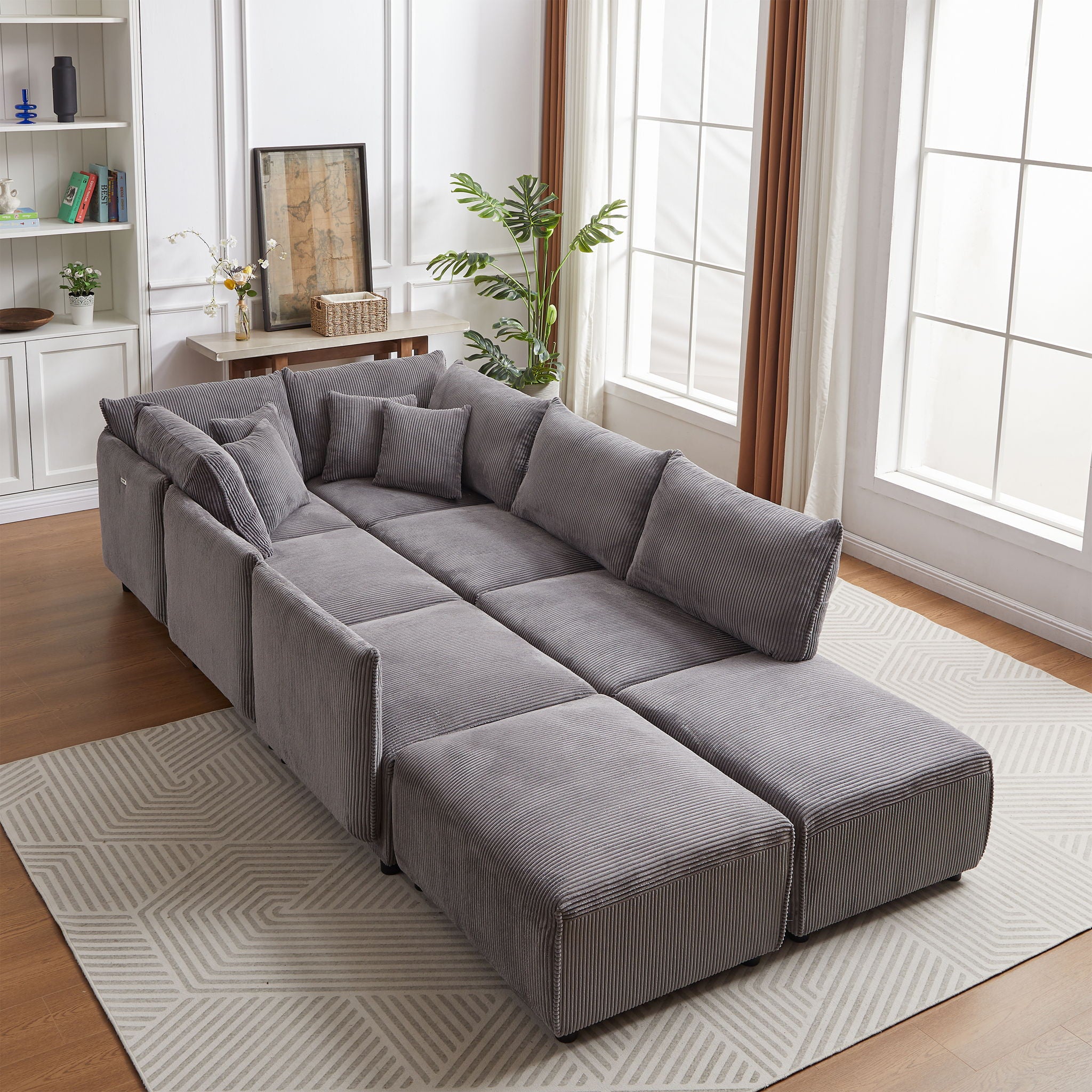 Modern Minimalist Corduroy Combination Sofa With 2 Comfort Cushions With USB & C Charging Ports