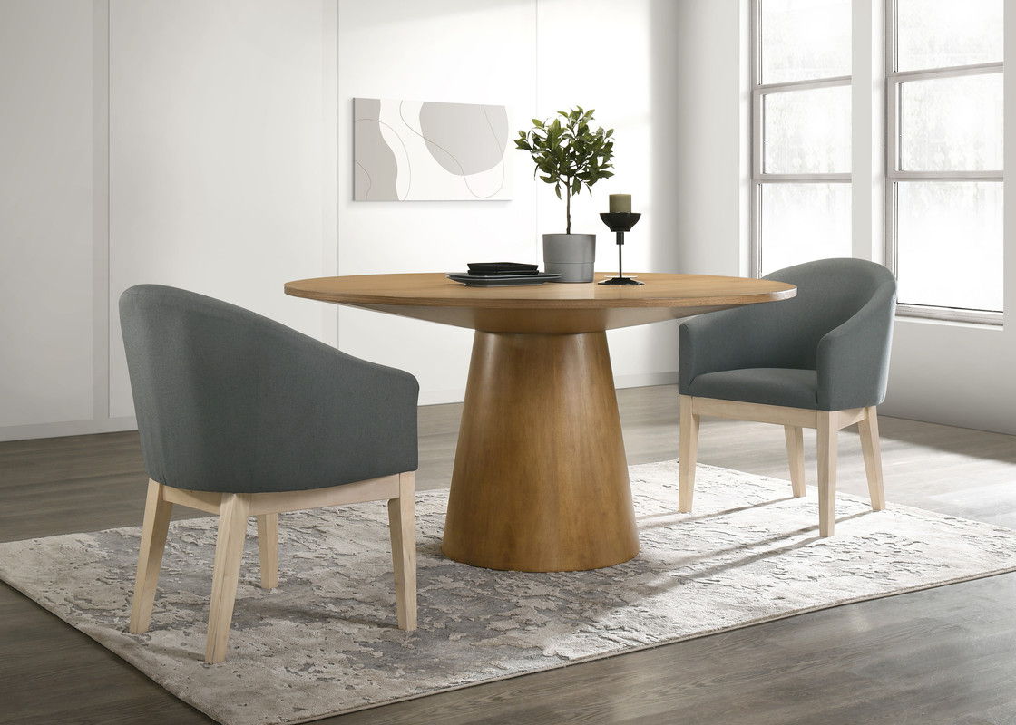 Jasper Driftwood Finish 3 Piece 59" Round Dining Table Set with Pedestal Base and Gray Barrel Chairs