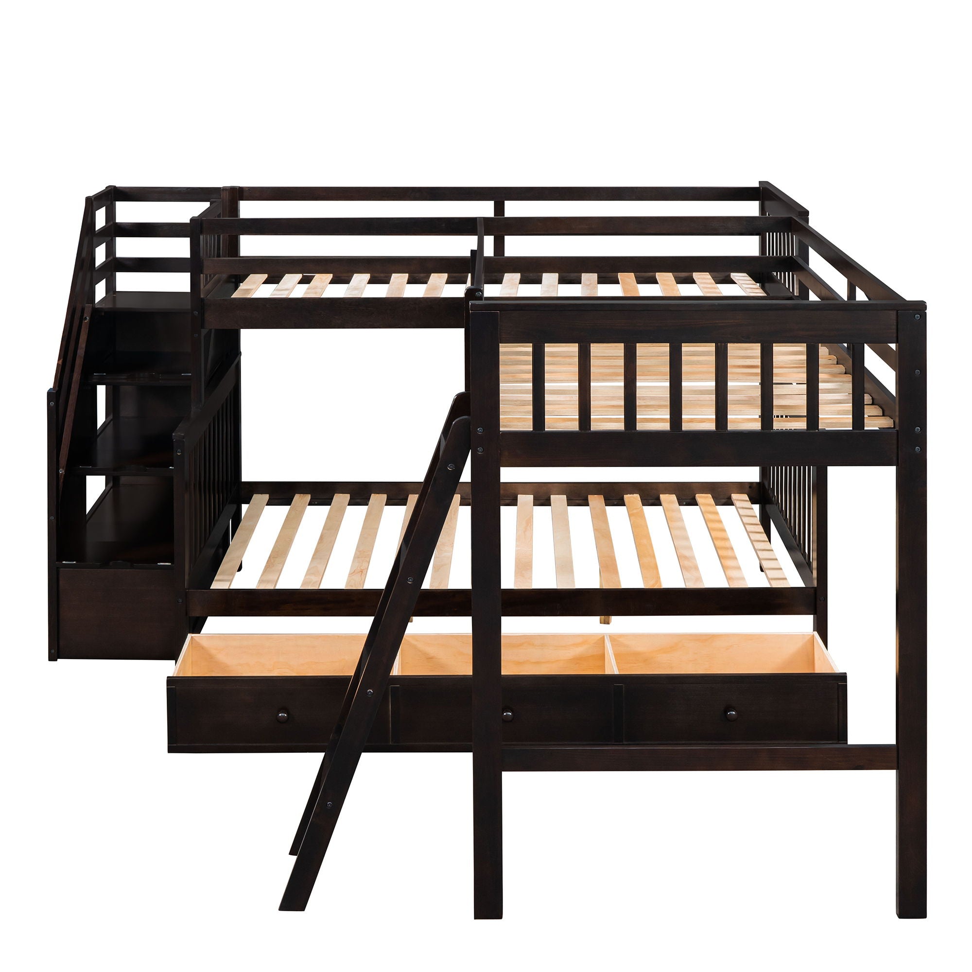 Solid L Shaped Bunk Bed With 3 Drawers, Ladder And Staircase