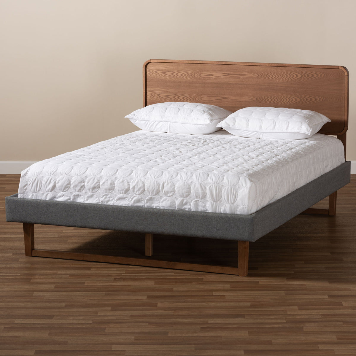 Ayla Mid-Century Modern Dark Grey Fabric Upholstered Walnut Brown Finished Wood Queen Size Platform Bed