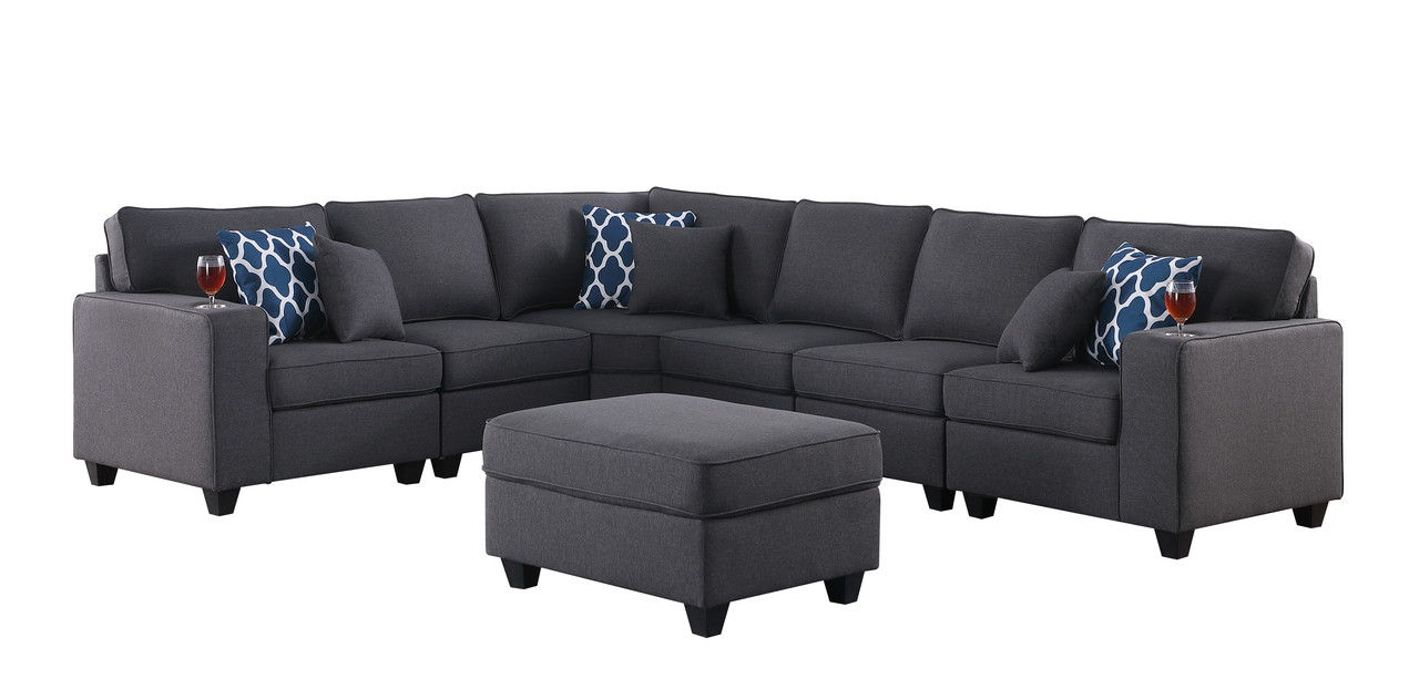 Cooper 125"W Dark Gray Linen 7Pc Reversible L-Shape Sectional Sofa with Ottoman and Cupholder